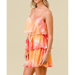 TIE DYE CHIFFON WIAST TIE TIERED RUFFLE MINI DRESS - PEACH ORANGE